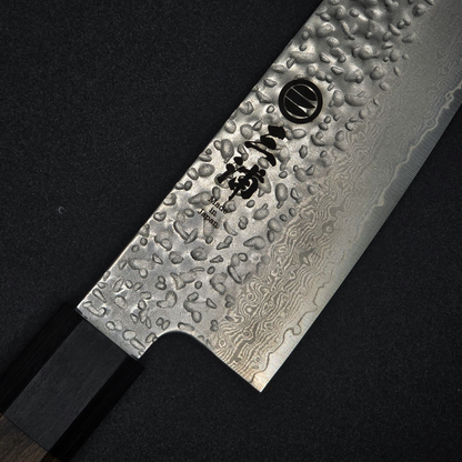 JAPONES: SANTOKU 165mm DAMASCO MARTILLADO VG-10 MANGO EN PAKKAWOOD NEGRA