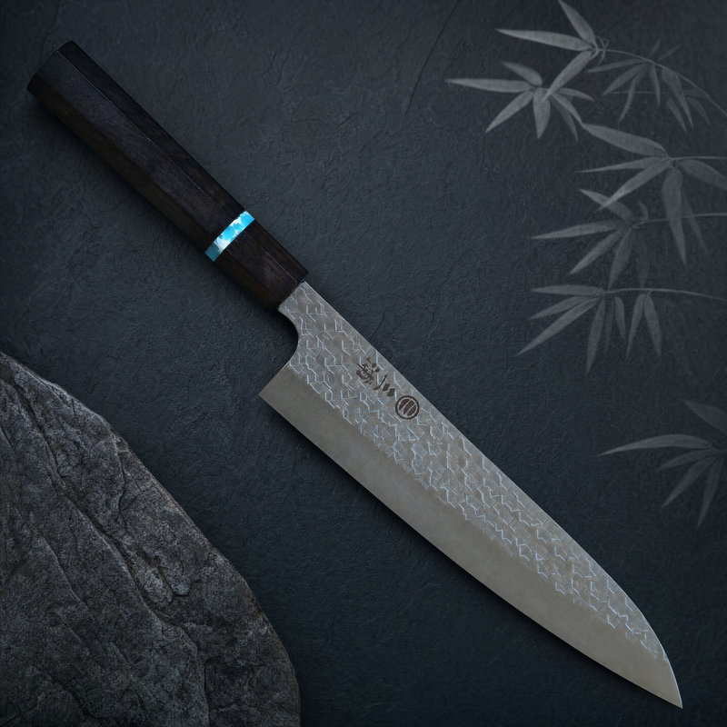 JAPONES: GYUTO 210mm MARTILLADO SG2 MANGO EN ÉBANO Y TURQUESA