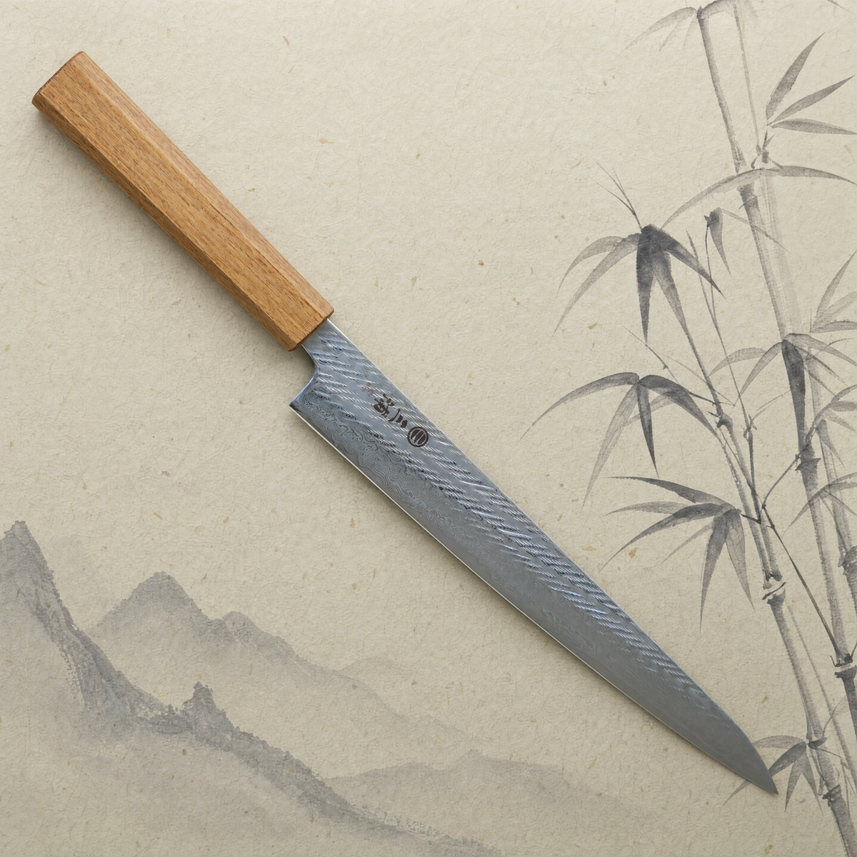 JAPONES: SUJIHIKI 240mm DAMASCO TRENZADO AUS-10 MANGO EN ROBLE