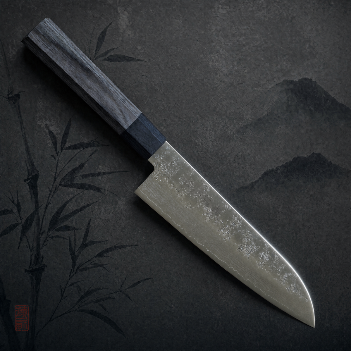 JAPONES: SANTOKU 180mm DAMASCO NASHIJI VG-10 MANGO EN CONTRACHAPADO GRIS