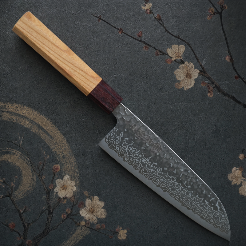 JAPONES: SANTOKU 165mm DAMASCO BLANCO GINSAN MANGO EN KEYAKI
