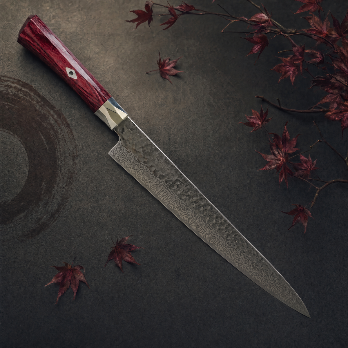 JAPONES: SUJIHIKI 270mm DAMASCO MARTILLADO VG-10 MANGO EN MADERA LAMINADA