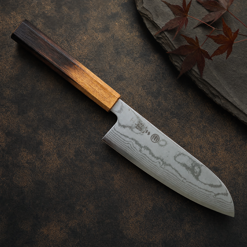 JAPONES: SANTOKU 165mm DAMASCO VG-10 MANGO EN URUSHI QUEMADO