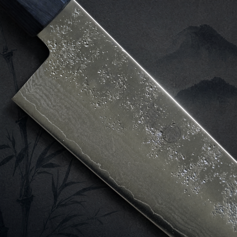 JAPONES: SANTOKU 180mm DAMASCO NASHIJI VG-10 MANGO EN CONTRACHAPADO GRIS