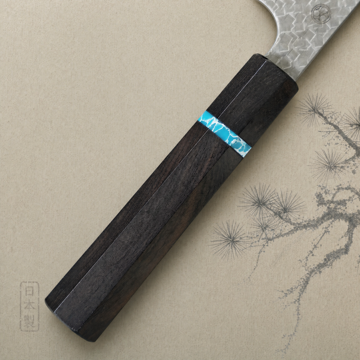 JAPONES: SANTOKU 165mm MARTILLADO SG2 MANGO EN ÉBANO Y TURQUESA